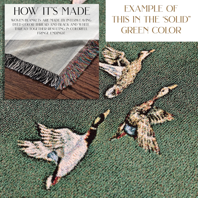 May include: A woven tapestry throw blanket with a green background and a pattern of white geese flying. The text "HOW IT'S MADE" and "EXAMPLE OF THIS IN THE 'SOLID' GREEN COLOR" is visible in the image.