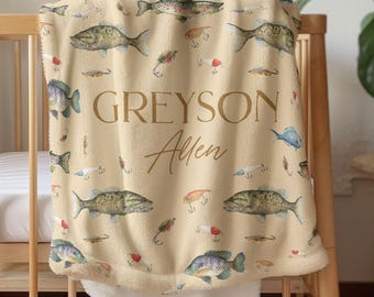 Fish Name Blanket Personalized Fishing Baby Blanket Gift Lake Fish Decor Boy Room Custom Name Blanket Hunting Nursery Decor Boy Fishing Lure