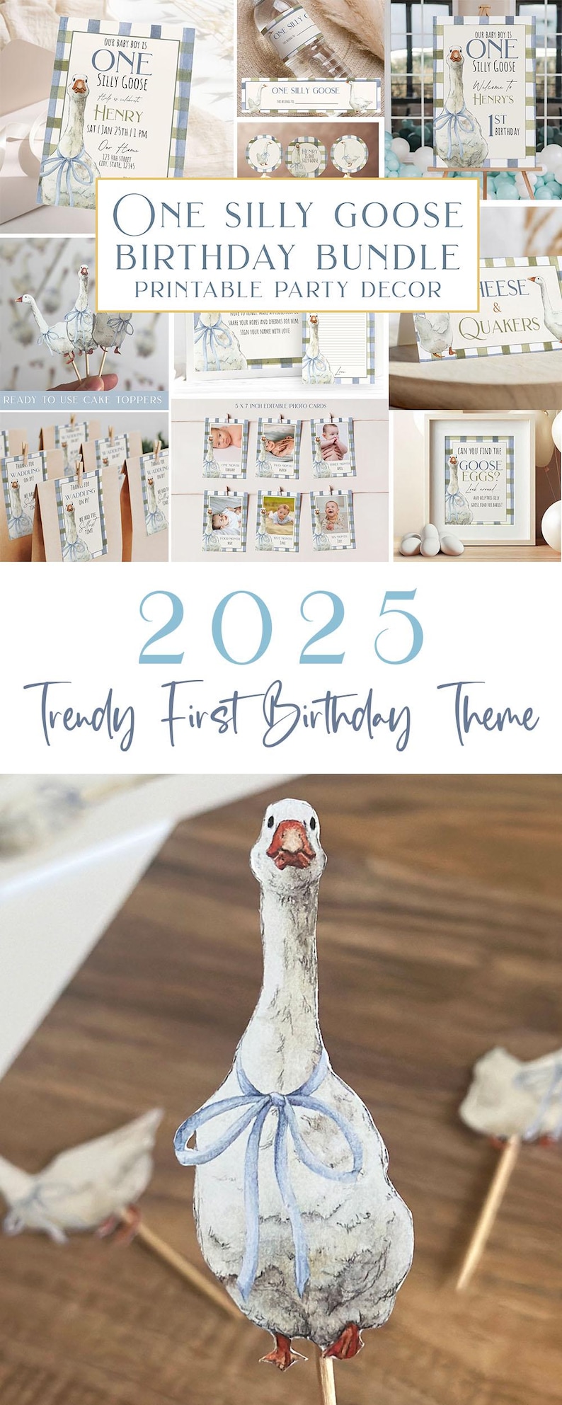 Op de afbeelding: Feestdecoraties met het thema "One Silly Goose". Inclusief uitnodigingen, taarttoppers, fotokaarten en borden. Het ontwerp heeft een blauw-wit kleurenschema en een grillige ganzenillustratie.