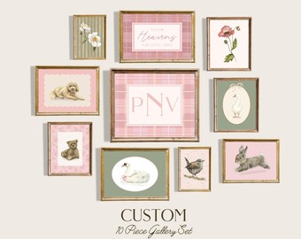 Pink Sage Girl Nursery Wall Art Print Bundle Personalized Monogram Little Girl Room Decor Goose Cottagecore Nursery Custom Dog Nursery Print