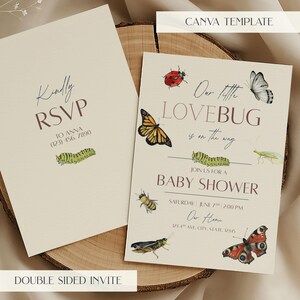 May include: Double-sided baby shower invitation with a beige background. The invitation features watercolor illustrations of insects, including a ladybug, butterfly, and caterpillar. Text includes "Our Little Lovebug is on the way" and RSVP details.