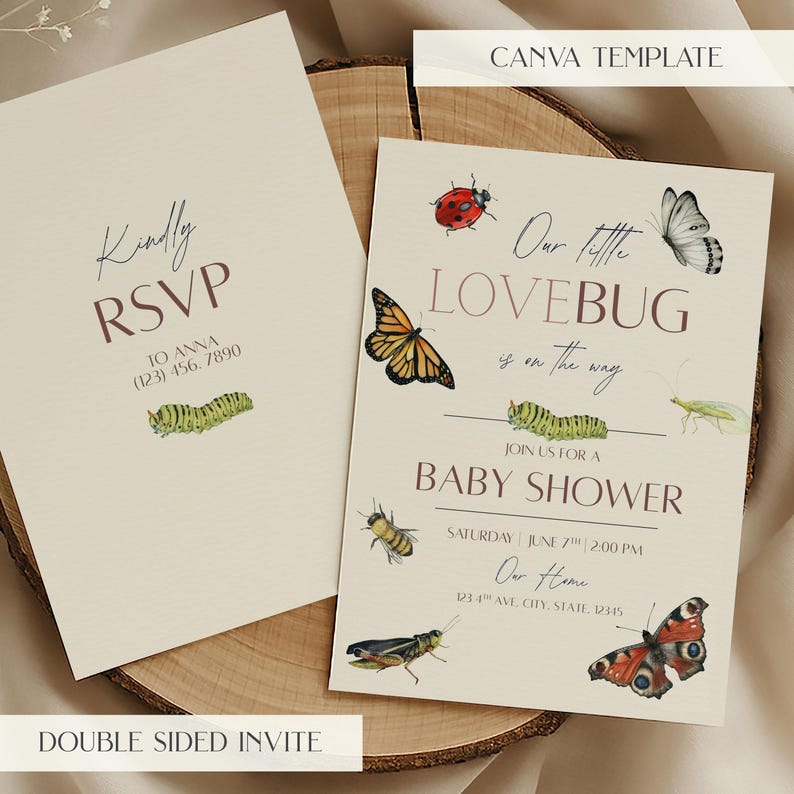May include: Double-sided baby shower invitation with a beige background. The invitation features watercolor illustrations of insects, including a ladybug, butterfly, and caterpillar. Text includes "Our Little Lovebug is on the way" and RSVP details.
