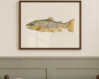 Watercolor Fish Print for Boy Nursery Brown Trout Painting Framed Gift idea for Fisherman Office Art Lake Fish Cabin Decor Fishing Nursery