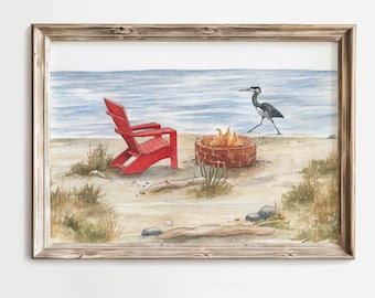 Beach House Wall Art Red Adirondack Chair Art Summer Beach Wall Art Print Framed Blue Heron Print Watercolor Ocean Landscape Art Printable