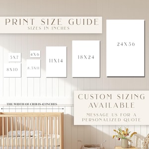 May include: Print size guide in inches, with sizes 5x7, 8x10, 4x6, 8.5x11, 11x14, 18x24, and 24x36. Text reads "The width of crib is 42 inches." Custom sizing available, message for a personalized quote. A wooden crib is in the foreground.