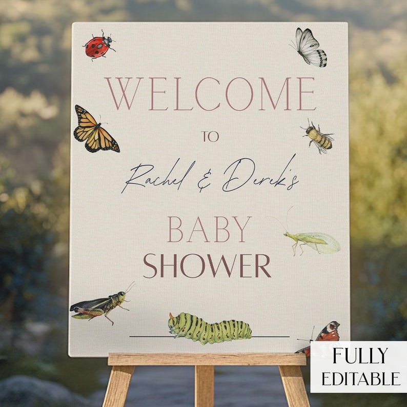 Editable Love Bug Baby Shower Welcome Sign with butterflies and cottagecore floral accents, perfect for spring-themed baby showers.