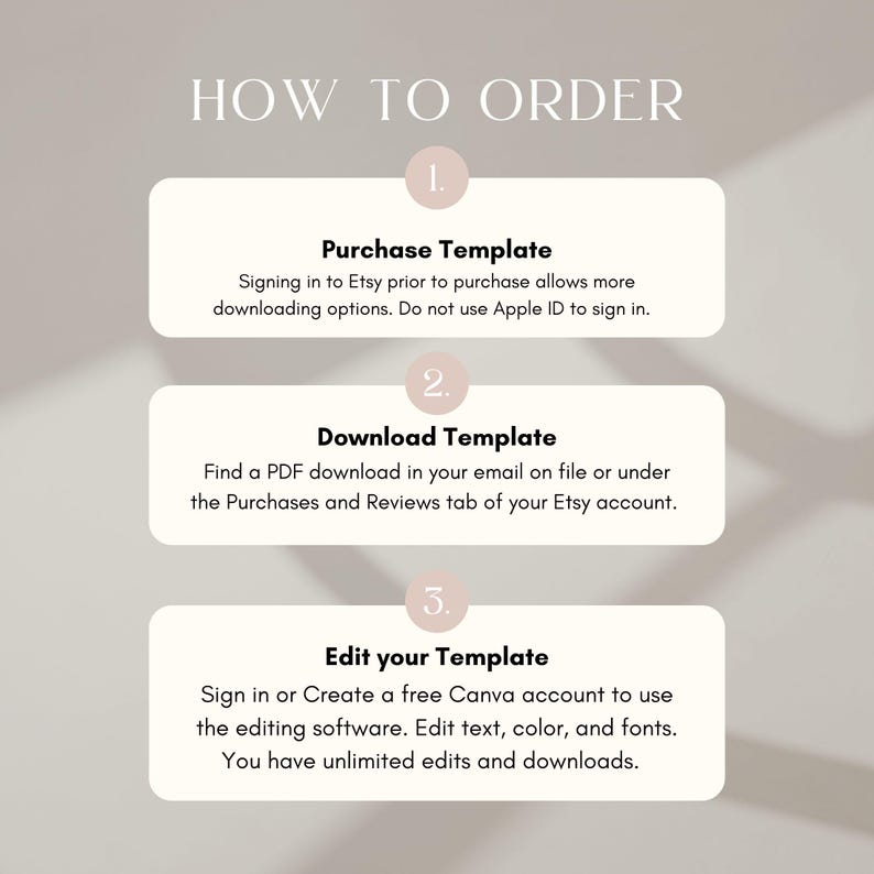May include: A beige graphic with the text "HOW TO ORDER" at the top. The graphic details the steps to purchase, download, and edit a template. Instructions include signing into Etsy, finding a PDF download, and using Canva.