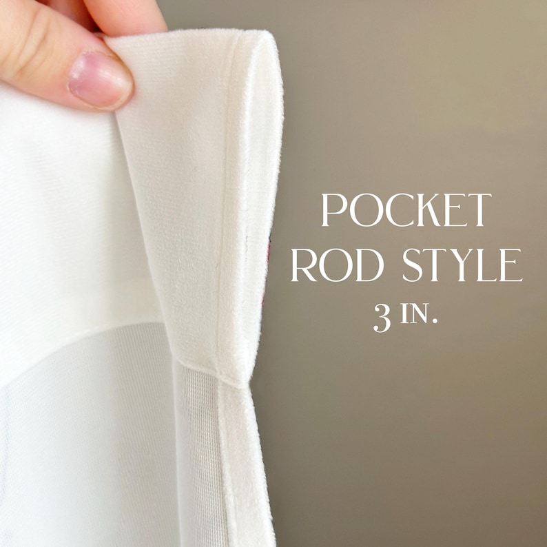 May include: Close-up of a white curtain with a 3-inch pocket for a rod. The pocket is sewn with a white fabric.