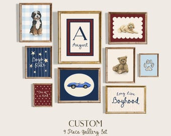 Boy Nursery Wall Art Dog Breed Wall Art Boy Bedroom Decor Personalized Name Print Red White and Blue Custom Gallery Wall Set Over Crib Art