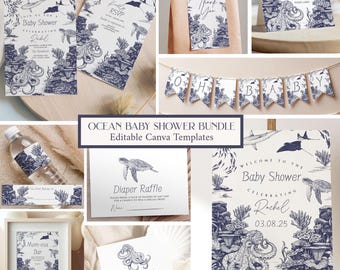 Plantilla digital editable para baby shower con tema oceánico, decoración para baby shower bajo el mar, decoración náutica para niño, juego de invitaciones costeras para bebé.