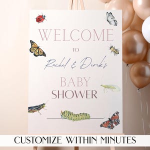 Printable Love Bug and butterfly-themed baby shower welcome sign, matching the cottagecore baby shower invitation set.