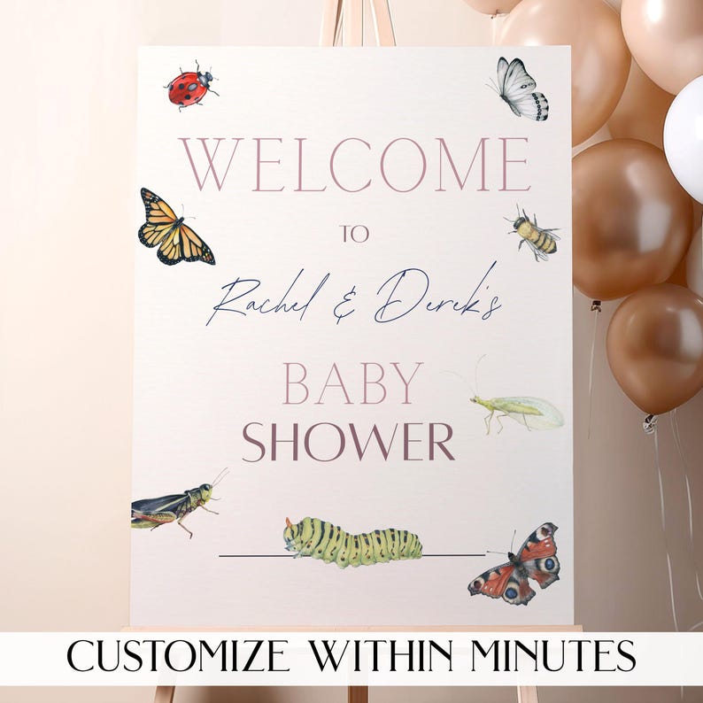 Printable Love Bug and butterfly-themed baby shower welcome sign, matching the cottagecore baby shower invitation set.
