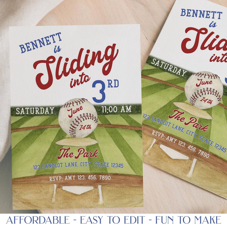 May include: Baseball-themed invitation with the text "BENNETT is Sliding into 3rd". The design includes a baseball, baseball field illustration, and event details. The invitation is for a party at "The Park".