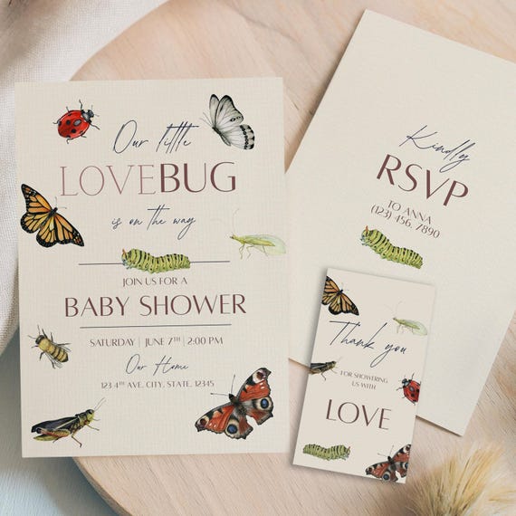 Love Bug Baby Shower Bundle Butterfly Shower Invitation Set Cottage Core Theme Baby Shower Invitation Love Bug Spring Shower Digital Invite