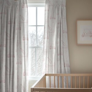 Watercolor golf toile nursery curtains featuring vintage golf illustrations in soft pastel tones
