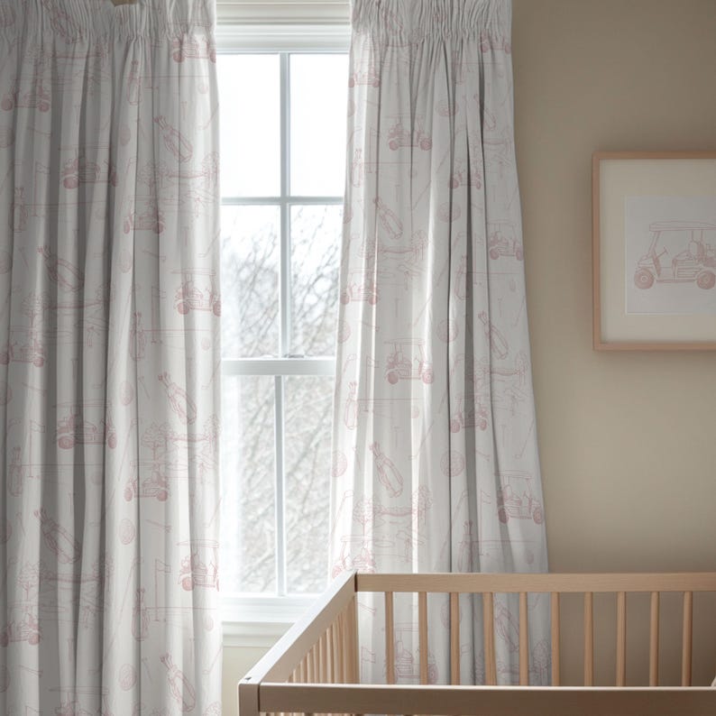 Watercolor golf toile nursery curtains featuring vintage golf illustrations in soft pastel tones