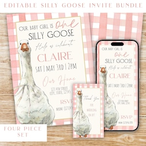 One Silly Goose Birthday Girl Pink Silly Goose 1st Birthday Invitation Bundle Goose Theme Party Decor Pink Gingham Silly Goose Birthday Idea