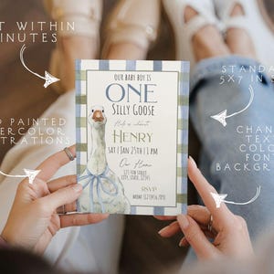 May include: A blue and green gingham patterned invitation card with a watercolor illustration of a goose. The text on the card reads "Our baby boy is one silly goose, Help us celebrate Henry, Sat Jan 25th 11 PM, Our Home, 123 New Street, City, State, 12345, RSVP, Mom: 1234567890".