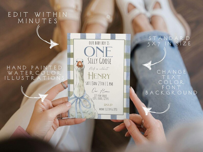 May include: A blue and green gingham patterned invitation card with a watercolor illustration of a goose. The text on the card reads "Our baby boy is one silly goose, Help us celebrate Henry, Sat Jan 25th 11 PM, Our Home, 123 New Street, City, State, 12345, RSVP, Mom: 1234567890".