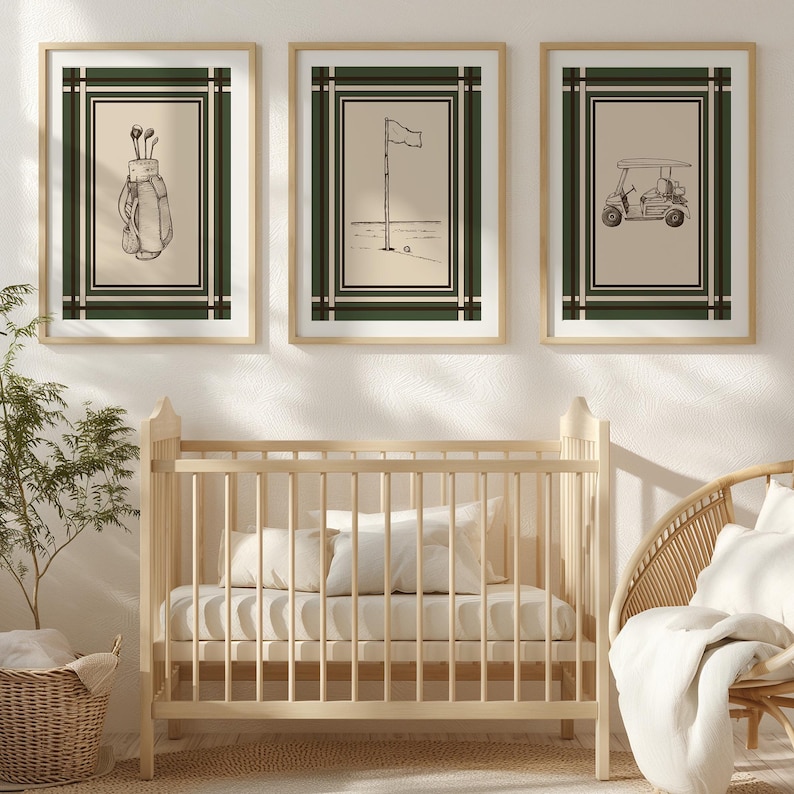 May include: Three framed golf-themed prints. The prints feature a golf bag with clubs, a flag on the green, and a golf cart. Each print has a beige background with a dark green and black border, and a light wood frame.
