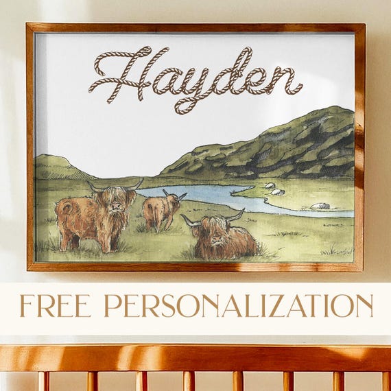 Highland Cow Nursery Decor Personalized Name Sign Baby Boy Nursery Decor Cow Nursery Art Print Custom Baby Gift  Western Nursery Wall Art
