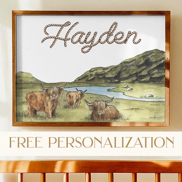 Highland Cow Nursery Decor Personalized Name Sign Baby Boy Nursery Decor Cow Nursery Art Print Custom Baby Gift  Western Nursery Wall Art