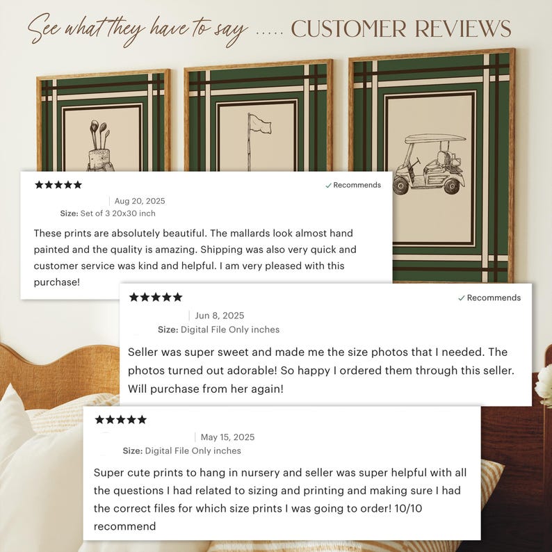 May include: Three framed golf-themed prints with a beige background and dark green and brown frames. The prints feature golf clubs, a flag, and a golf cart. The text "CUSTOMER REVIEWS" is at the top.