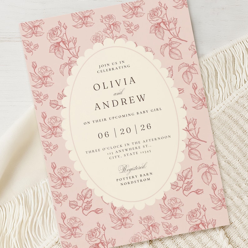 May include: A baby shower invitation with a pink floral rose pattern. The invitation features the names "Olivia and Andrew" and the date "06/20/26". The text "On their upcoming baby girl" is also included.