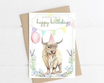 Cow Birthday Card Highland Cow Unique Birthday Card Cow with Flowers Print your own cow birthday card