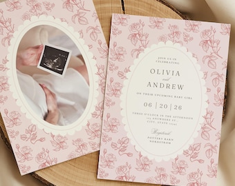 Vintage Baby Shower Invitation Girl Pink Floral Baby Shower Invite Scallop Edge Elegant Toile Baby Shower Template with Photo Editable