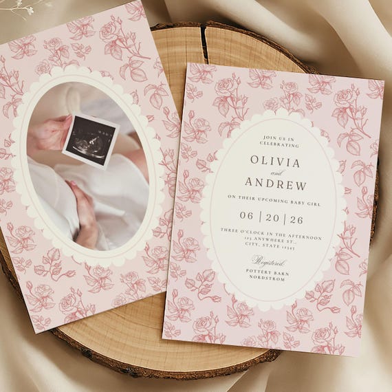 Vintage Baby Shower Invitation Girl Pink Floral Baby Shower Invite Scallop Edge Elegant Toile Baby Shower Template with Photo Editable