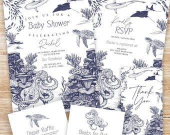 Editable Under the Sea Baby Shower Invitation Boy Nautical Baby Shower Bundle Coastal Sea Animal Invite Blue Ocean Theme Baby Shower Invite