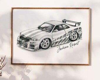 Car Drawing Custom Name Print Gift for Boy Teen Car Enthusiast Gift Handmade Car Print Sport Car Lover Gift Idea Gift Art For Husband Office
