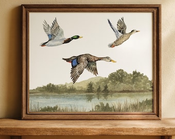 Vintage Duck Nursery Wall Art Mallard Duck Print Kid Bedroom Art Landscape Watercolor Duck Hunting Print Boy Bedroom Decor Hunting Nursery