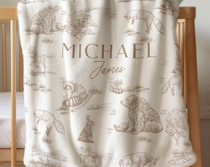Woodland Toile Baby Blanket Personalized Baby Shower Gift Woodland Nursery Decor Woodland Animal Blanket Name Custom Coming Home Blanket Boy