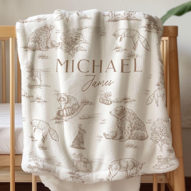 Woodland Toile Baby Blanket Personalized Baby Shower Gift Woodland Nursery Decor
