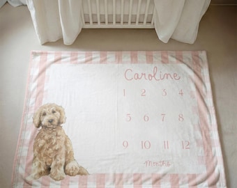 Golden Doodle Baby Milestone Blanket Personalized Monthly Photo Prop Pink Checkered Blanket  Custom Gingham Baby Shower Gift Custom Blanket