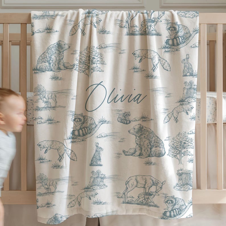 Woodland Name Baby Blanket Forest Animal Line Art Pattern