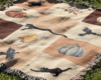 Autumn Home Decor Gift Idea Fall Blanket Throw House Warming Gift Nostalgic Halloween Decor Cotton Woven Blanket Checkered Black Cat Pumpkin