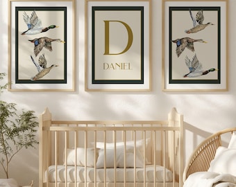 Mallard Duck Nursery Decor Boy Hunting Nursery Wall Art Set of 3 Custom Name Print Duck Hunting Print Personalized Name Monogram Nursery Art