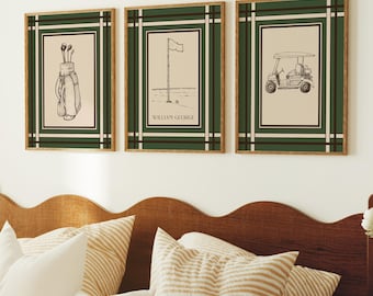 Golf Wall Art Set of 3 Vintage Golf Print Masters Golf Print Framed Sport Boy Bedroom Art Personalized Gift for Golfer Mens Office Decor