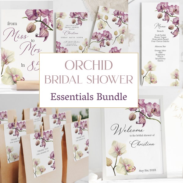 Ensemble de faire-part de mariage avec orchidées pour la douche nuptiale Ensemble de papeterie de mariage avec orchidées violettes Faire-part de mariage Modèle modifiable avec orchidées pour la mariée