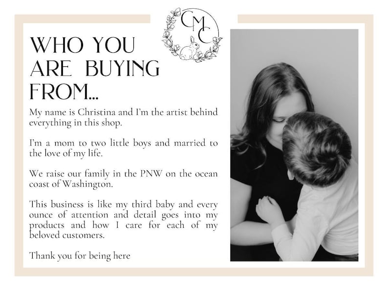 May include: Black and white photo of a woman and a child embracing. The text reads "WHO YOU ARE BUYING FROM..." and includes information about the artist and their family.