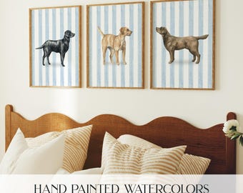 Labrador Wall Art Set of 3 Dog Nursery Art Framed Blue Stripe Wall Art Boy Bedroom Decor Bird Dog Bedroom Art Watercolor Lab Painting Print