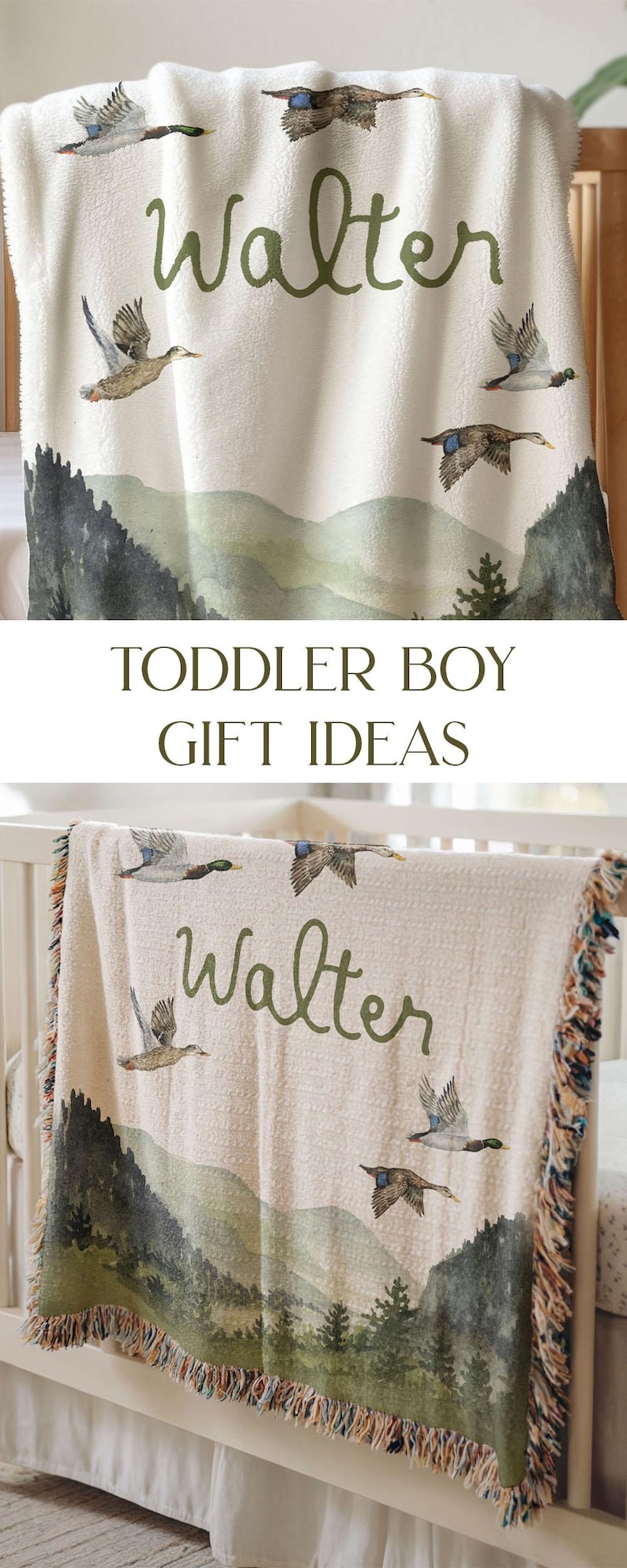 May include: A cream-coloured woven baby blanket with a green watercolour mountain scene and flying ducks. The blanket has a fringed edge and the name "Walter" is written in green cursive.