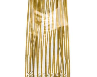 May include: Clear plastic bag with a gold striped pattern. The bag is filled with long, thin, golden noodles.