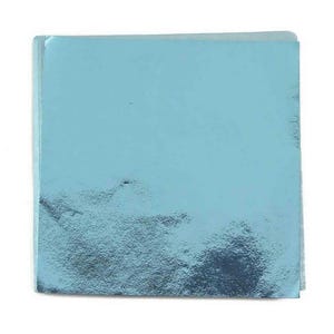 May include: A sheet of light blue metallic foil paper. The paper has a slightly textured surface.