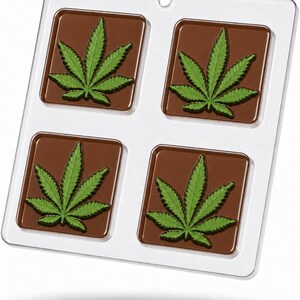 May include: A clear plastic rectangular mold featuring four square cavities, each containing a brown square base with a raised green cannabis leaf design. The mold has a small circular hole at the top center for hanging or storage purposes.