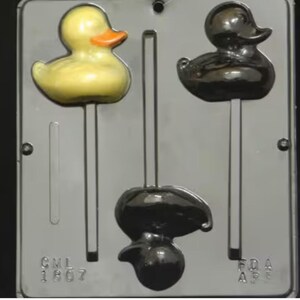 May include: A gray plastic mold with two duck-shaped cavities for making lollipops. The mold has a stick holder for each cavity. The mold has the text "GML 1807" and "FDA AP8" printed on it.