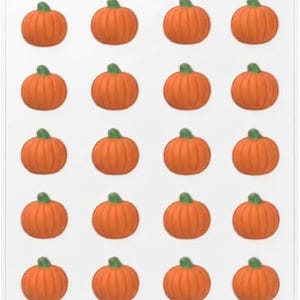 Può includere: Un foglio di plastica trasparente contenente venti adesivi individuali a forma di zucca arancione, disposti in una griglia di cinque righe e quattro colonne. Ogni zucca presenta una forma arrotondata con scanalature verticali.